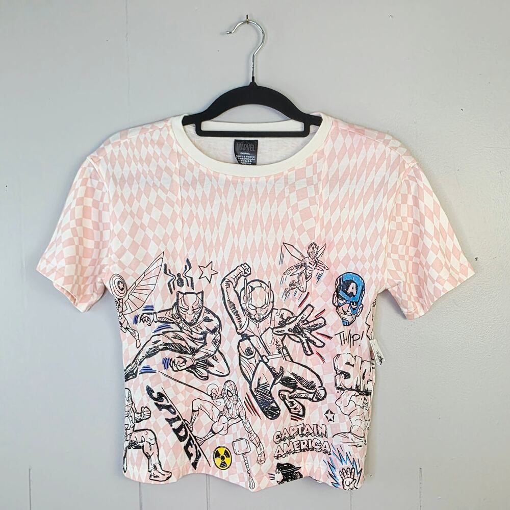 New Marvel Disney Girls T-Shirt Size 9/10 Pink Checkered Avengers Graphic Hero